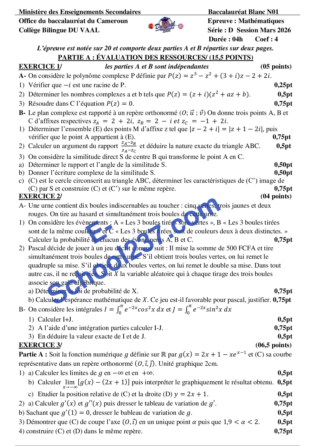 MATHS-TleD-BAC BLANC1-College bilingue Duvaal